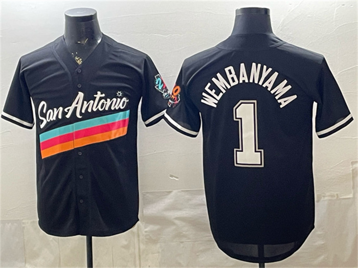 Men's San Antonio Spurs #1 Victor Wembanyama Black Stitched Baseball Jersey